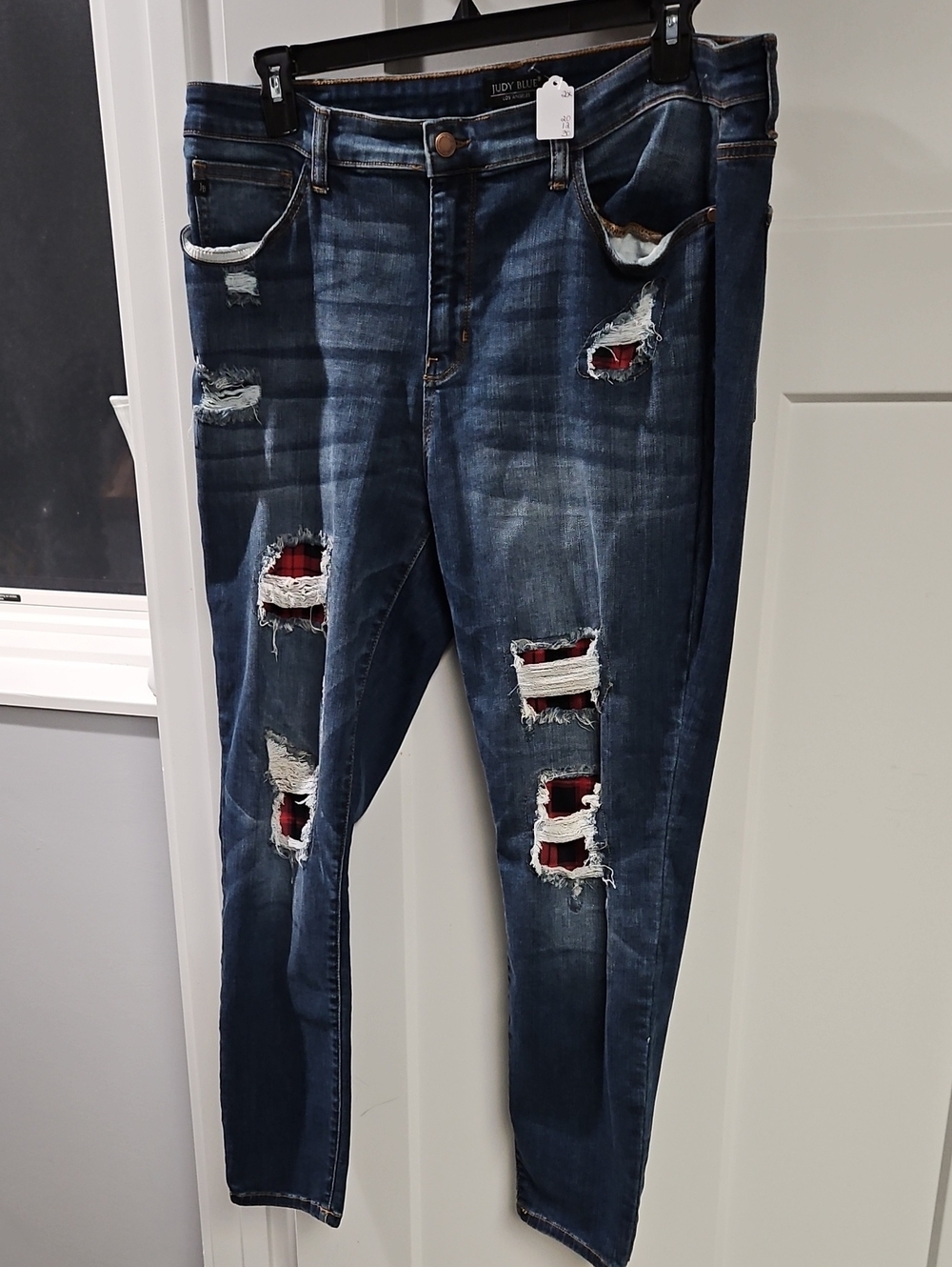 Judy Blue Dark Blue Distressed Skinny Jeans with Red Patch Accents